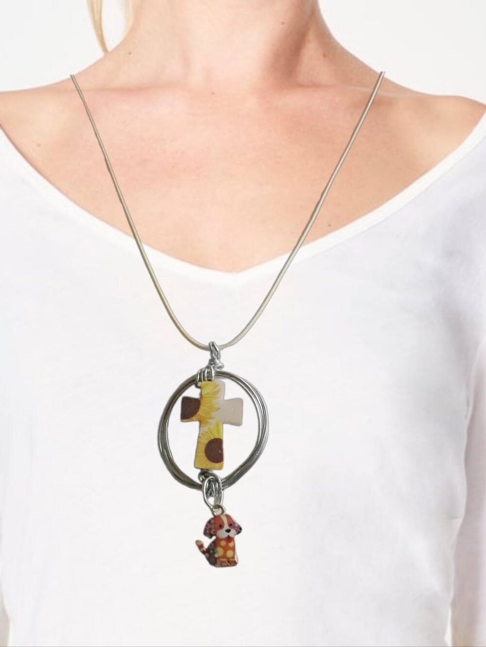 Floral Cross Pendant & Colorful Puppy Charm w/ Cord Necklace| NWOT